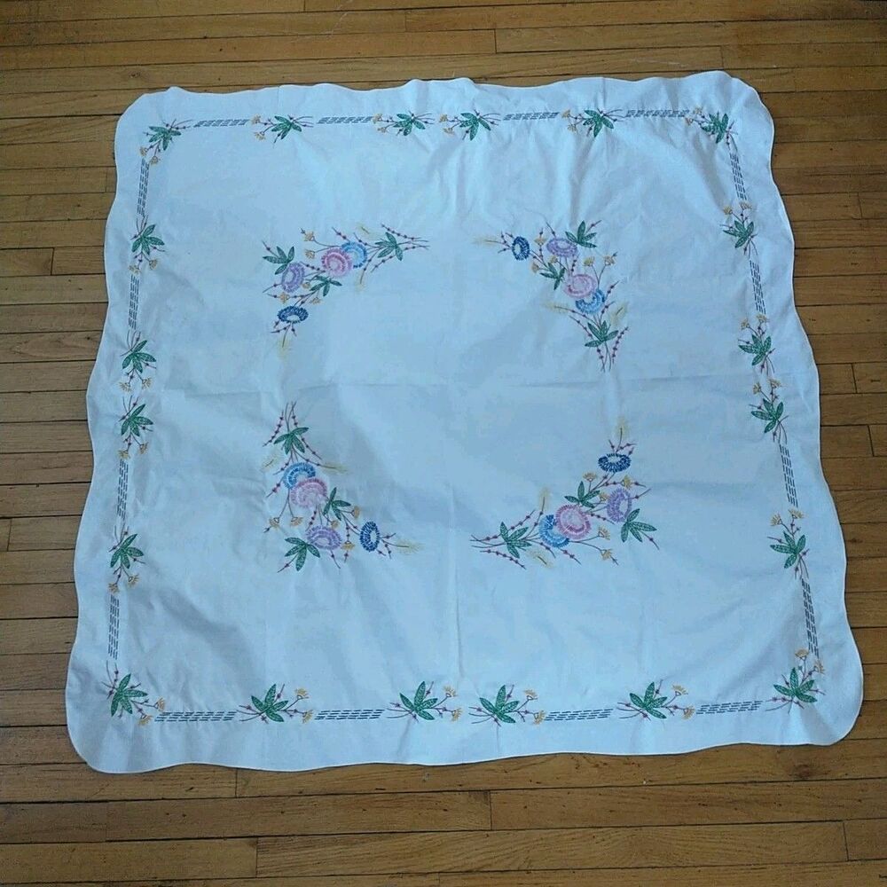 Vtg Tablecloth Floral Hand Embroidered Crosstitch White Traditional Square 51x51
